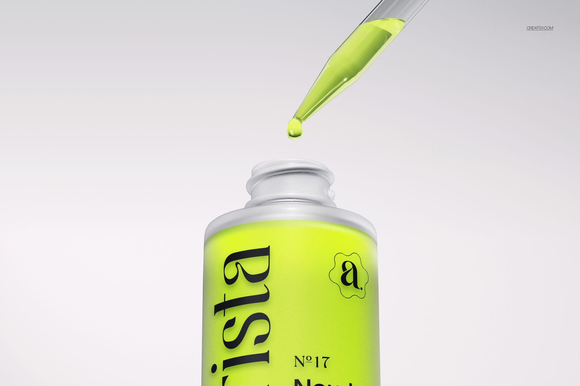 PSD mockup showing a dropper bottle with vivid yellow contents and a pipette dispensing a single drop, isolated on white.