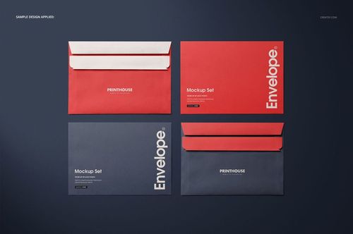 Envelope mockup set featuring two red and two navy envelopes with printed text, displayed on a dark background.