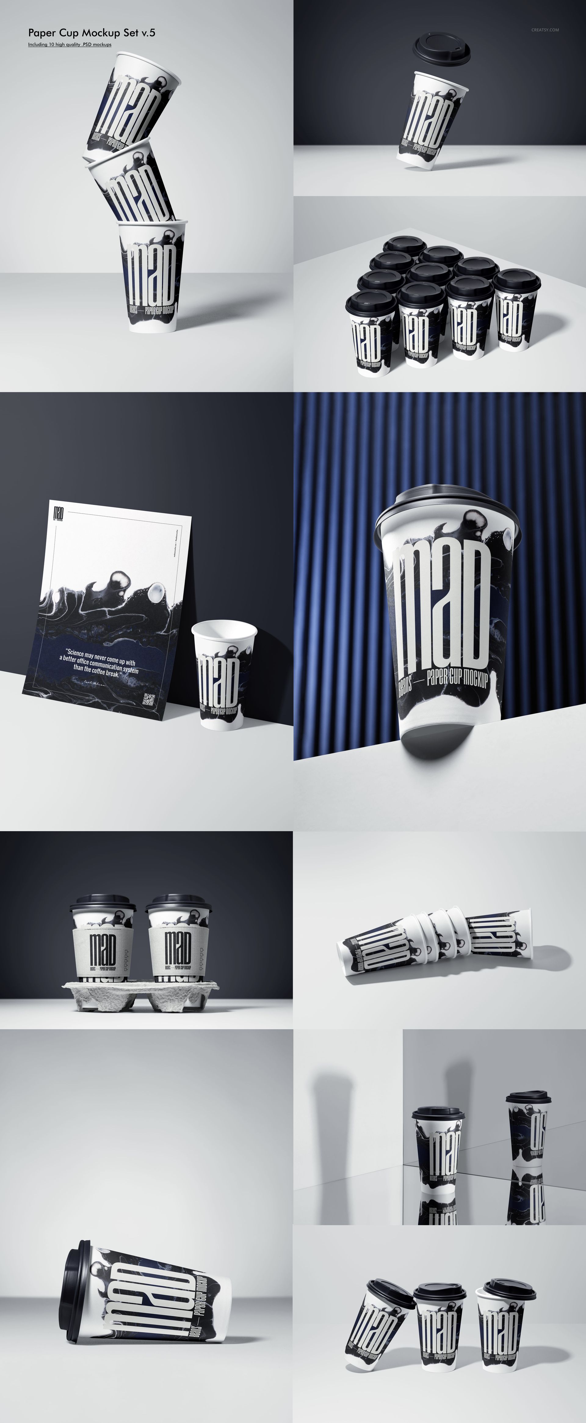 PSD mockup of paper cups with black lids, each cup decorated with striking monochrome artwork, presented in assorted perspectives.