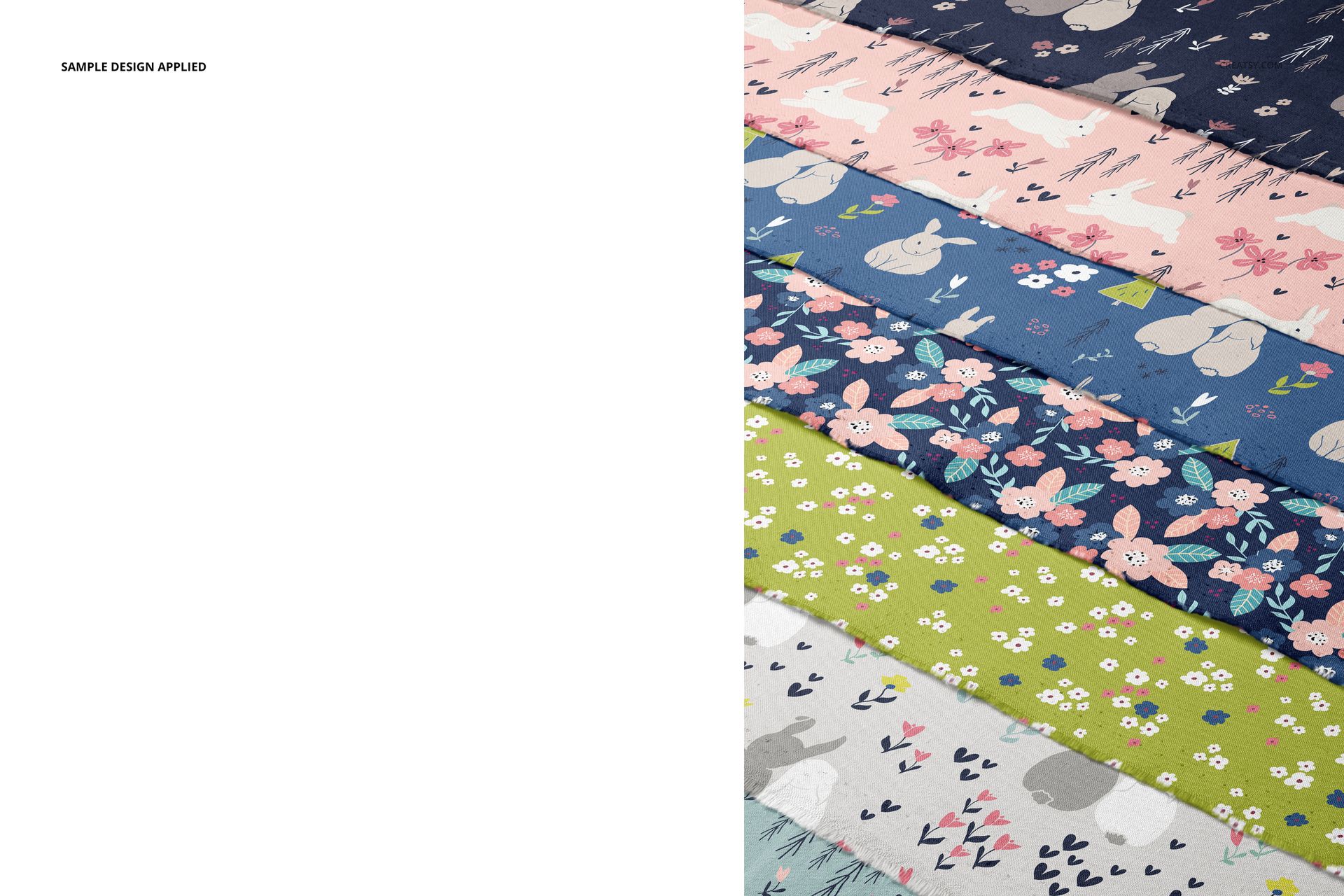Fanned arrangement of patterned cotton fabric layers, featuring floral and animal designs, shown in a PSD mockup.