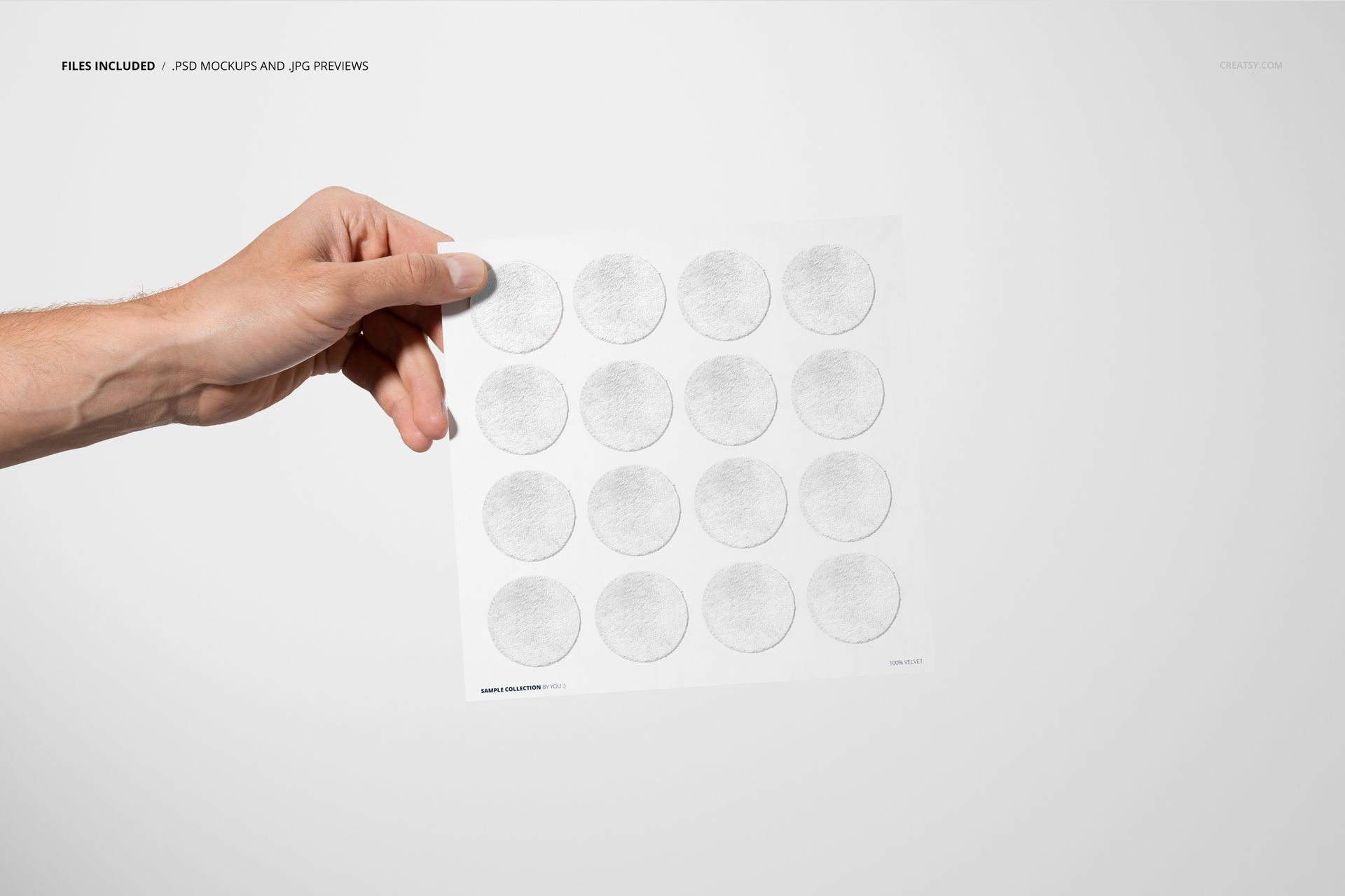 Square velvet swatches card mockup shown with sixteen round samples, held by a hand against a plain light background.