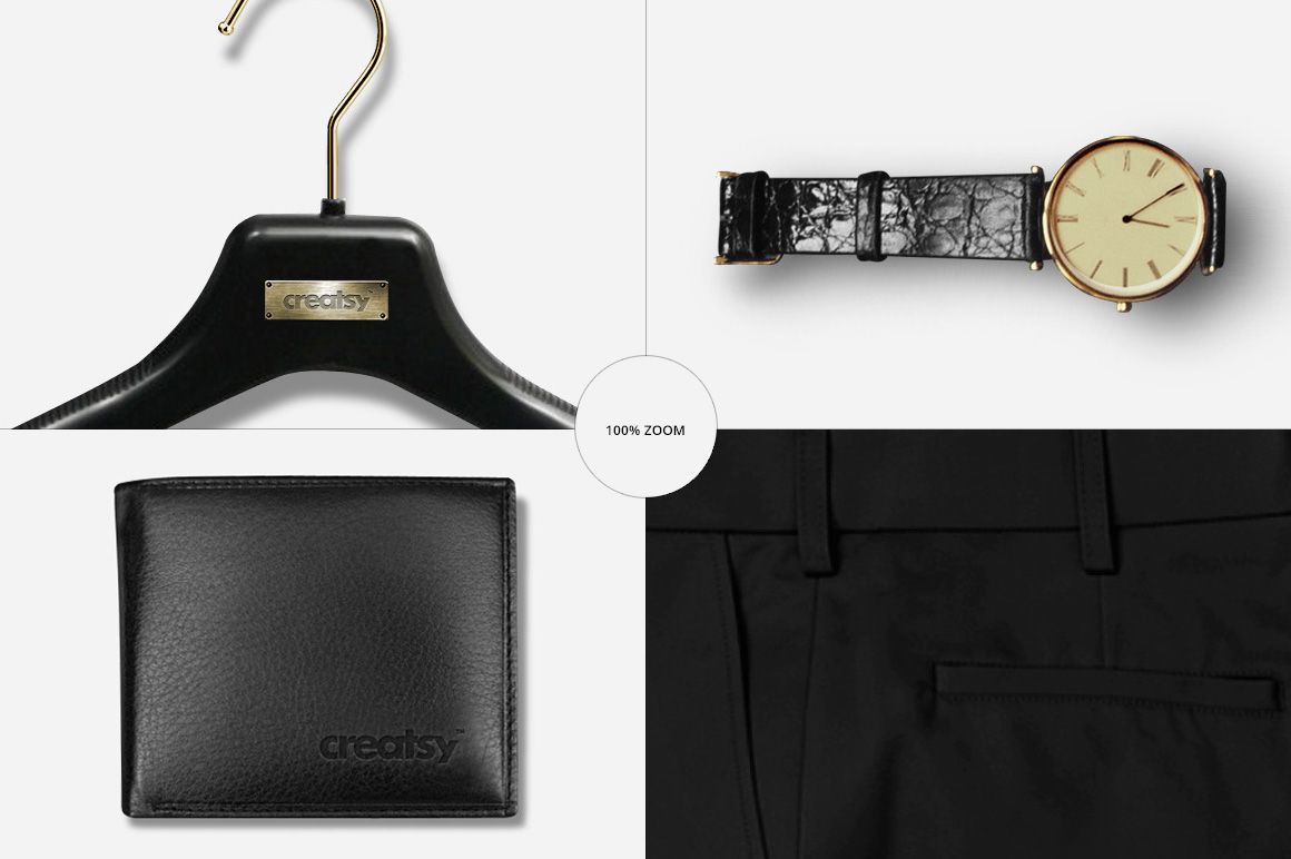 Men's fashion mockup featuring a close-up of a hanger, black leather wallet, wristwatch, and black trousers on a white background.