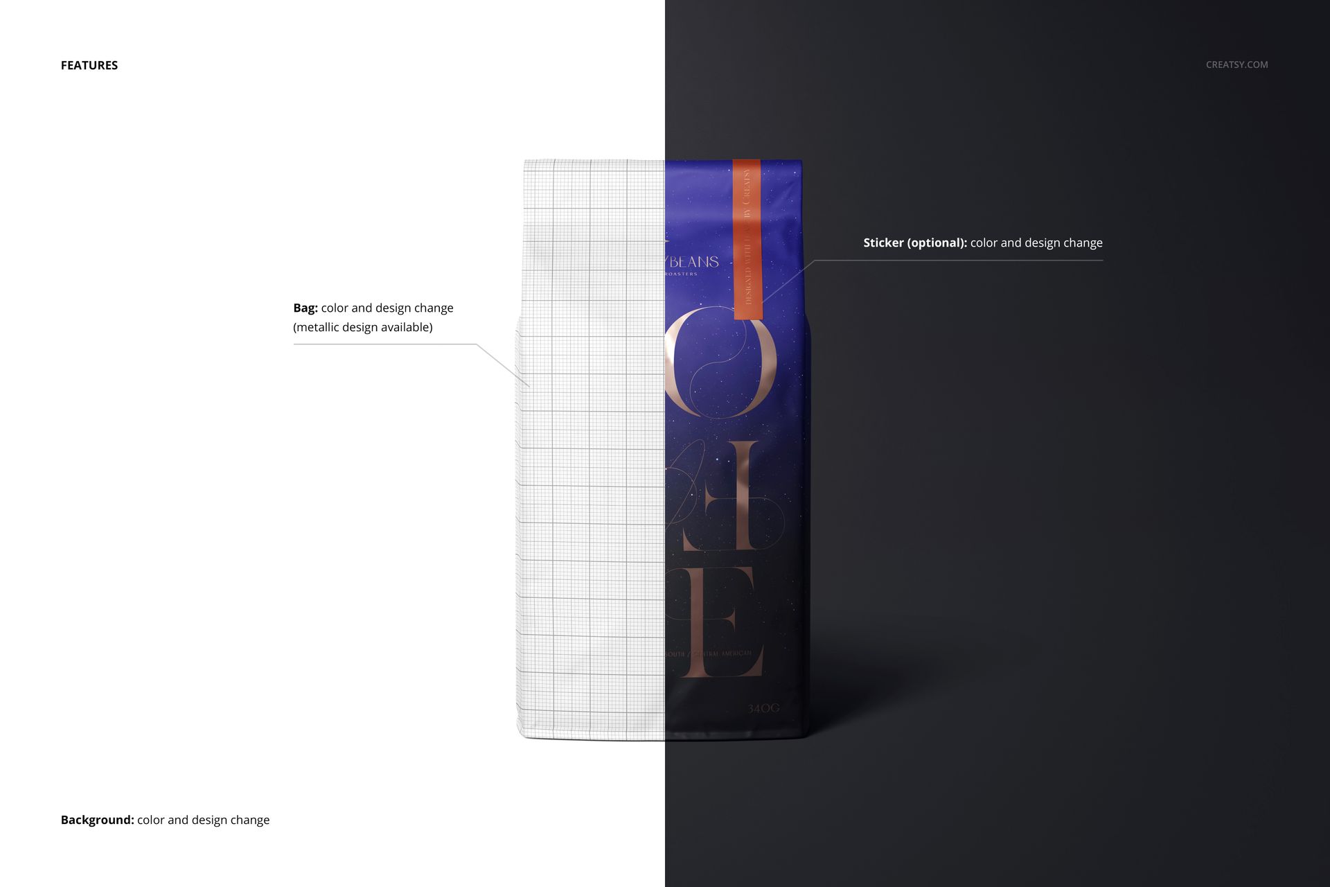 Front view of a matte finish coffee bag mockup, half with grid overlay and half with dark blue and gold design on a plain background.