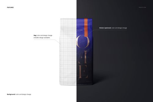 Front view of a matte finish coffee bag mockup, half with grid overlay and half with dark blue and gold design on a plain background.