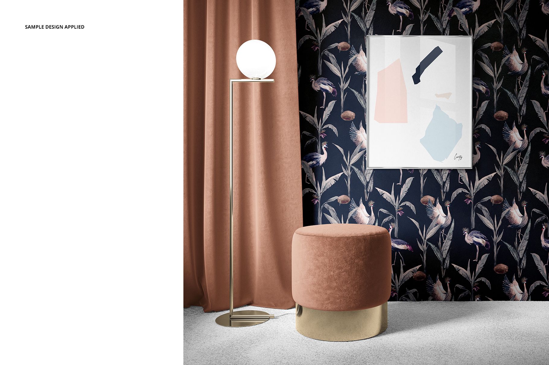 Contemporary room mockup showing a blush ottoman, metallic lamp, and dark floral wallpaper with abstract wall art.