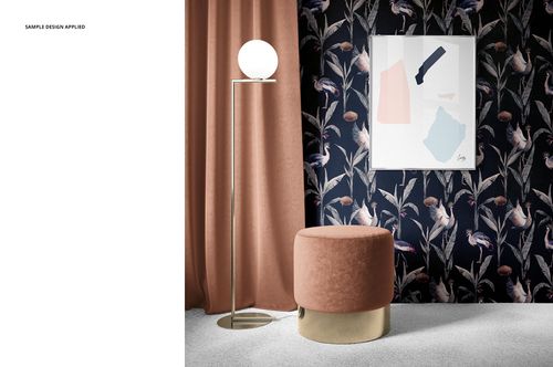 Contemporary room mockup showing a blush ottoman, metallic lamp, and dark floral wallpaper with abstract wall art.