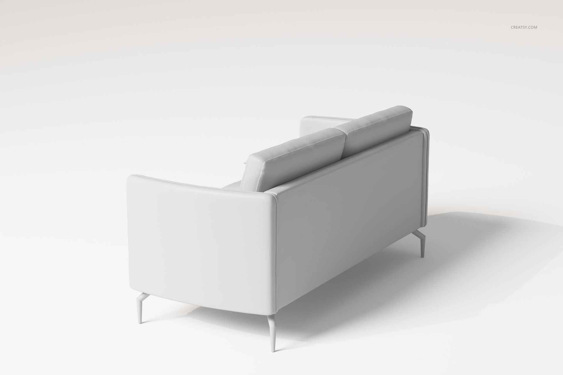 Minimalistic modern sofa in light gray color, shown from a rear angled perspective on a plain white background.