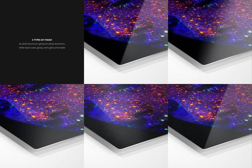 Close-up view of aluminum print mockup set showing five different finishes with vibrant abstract artwork.