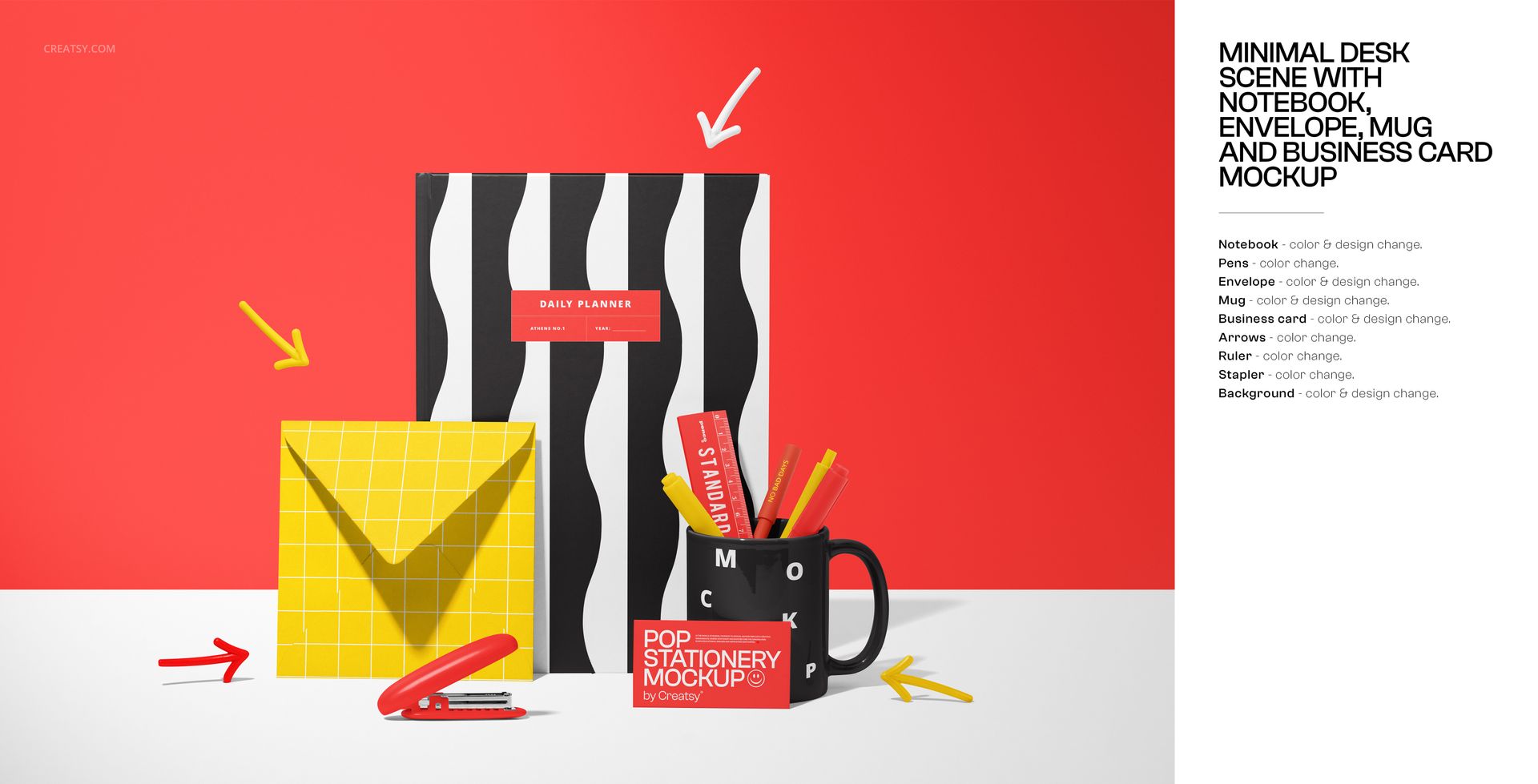 Stationery mockup with a black and white notebook, yellow grid envelope, mug holding pens, red stapler, and decorative arrows.