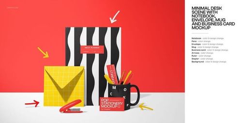 Stationery mockup with a black and white notebook, yellow grid envelope, mug holding pens, red stapler, and decorative arrows.