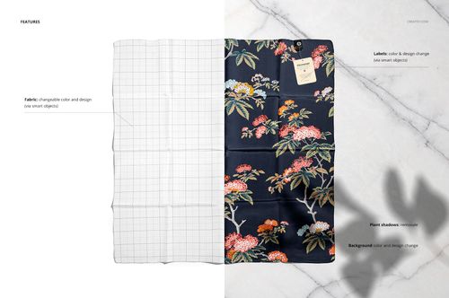 Silk scarf mockup displayed on a marble surface, featuring a floral pattern and a blank grid template side by side.