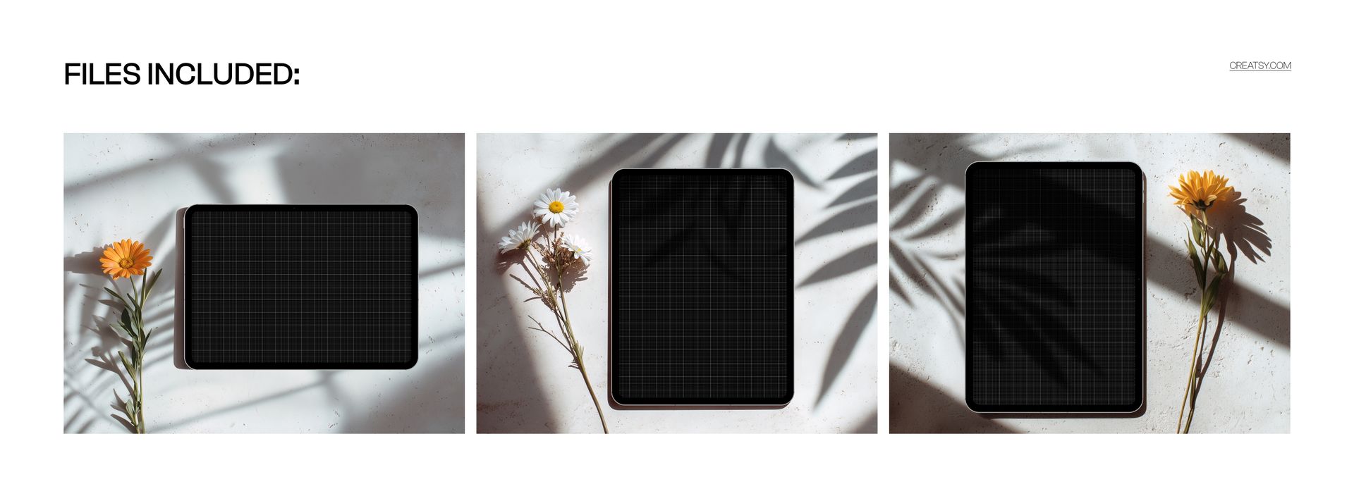 Front view of three iPad Pro mockups on a light surface, each with flowers beside the device and soft shadows.