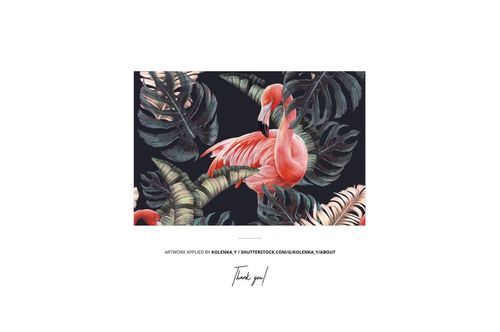 Rectangular artwork featuring pink flamingos surrounded by large green tropical leaves on a dark background.