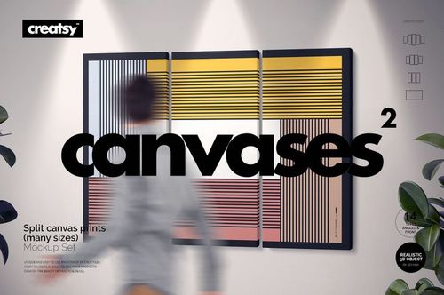 Front view of a split canvas print mockup set with three panels featuring geometric yellow, red, and black lines.