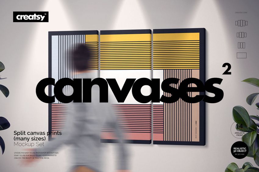 Front view of a split canvas print mockup set with three panels featuring geometric yellow, red, and black lines.