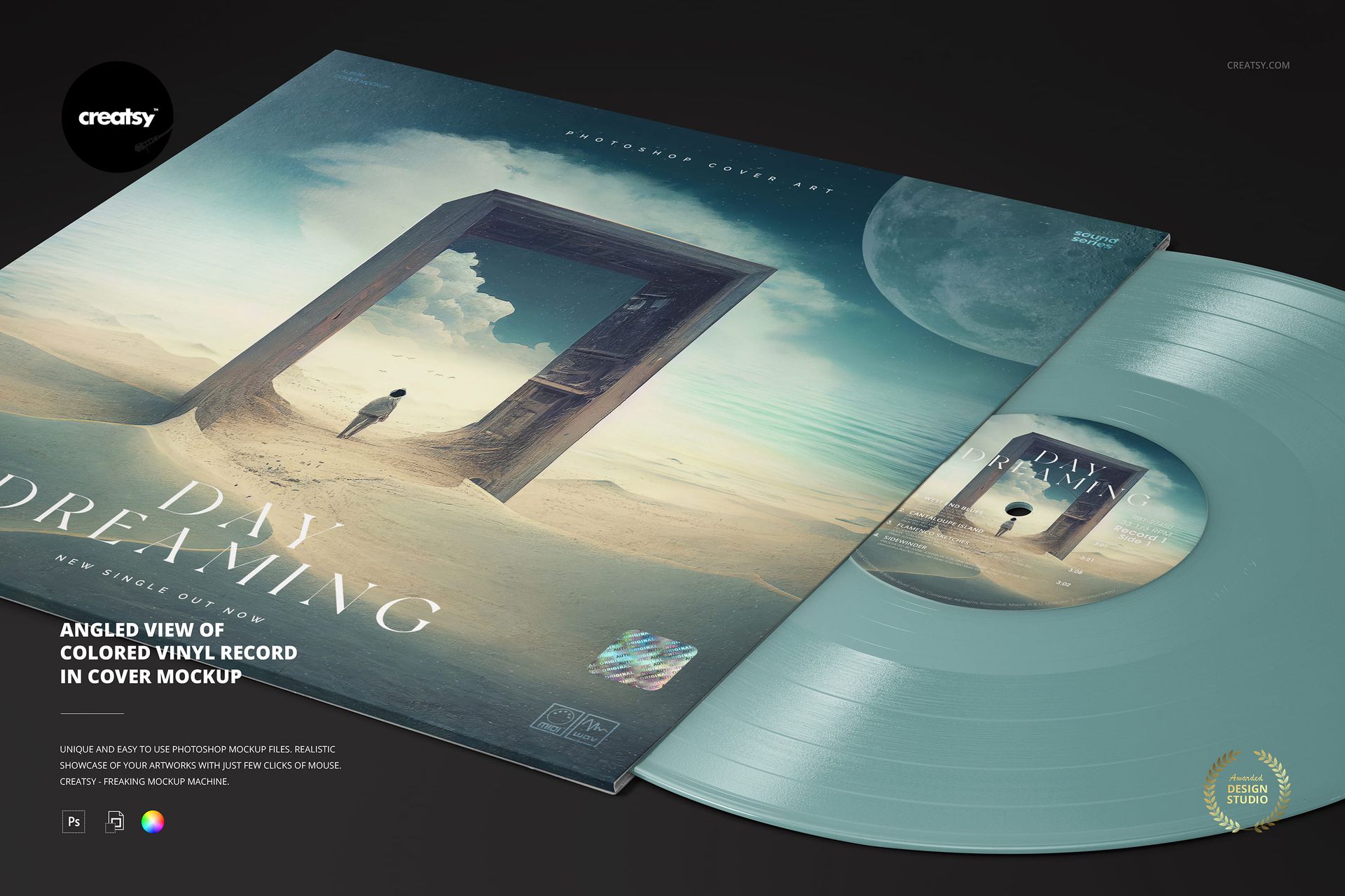 Colored vinyl record in a cover mockup shown at an angle, featuring surreal artwork and soft blue tones.