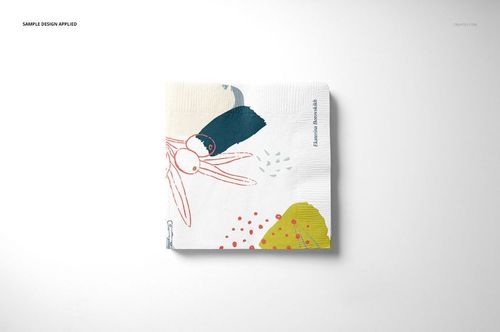 Square paper napkin with abstract colorful design, viewed from above on a plain white background, mockup set.