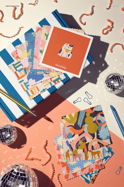 Party-themed cotton swatches mockup displayed flat with geometric and abstract patterns, pens, and small disco balls.