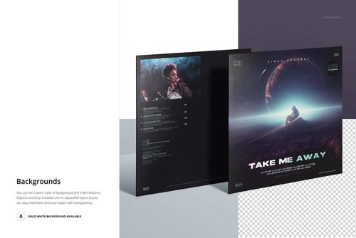 Front and back view of vinyl record covers mockup with space-inspired design, shown against a white and transparent backdrop.