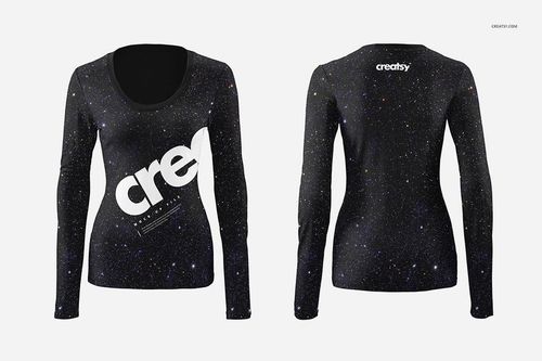 Front and back view of a women's long sleeve shirt mockup with a black galaxy pattern and white text on a plain background.
