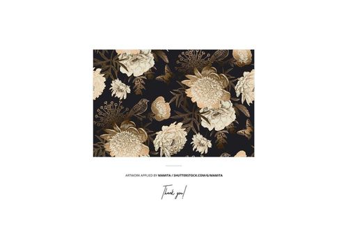 Front view of a velvet fabric mockup featuring large cream and beige flowers and leaves on a black backdrop.