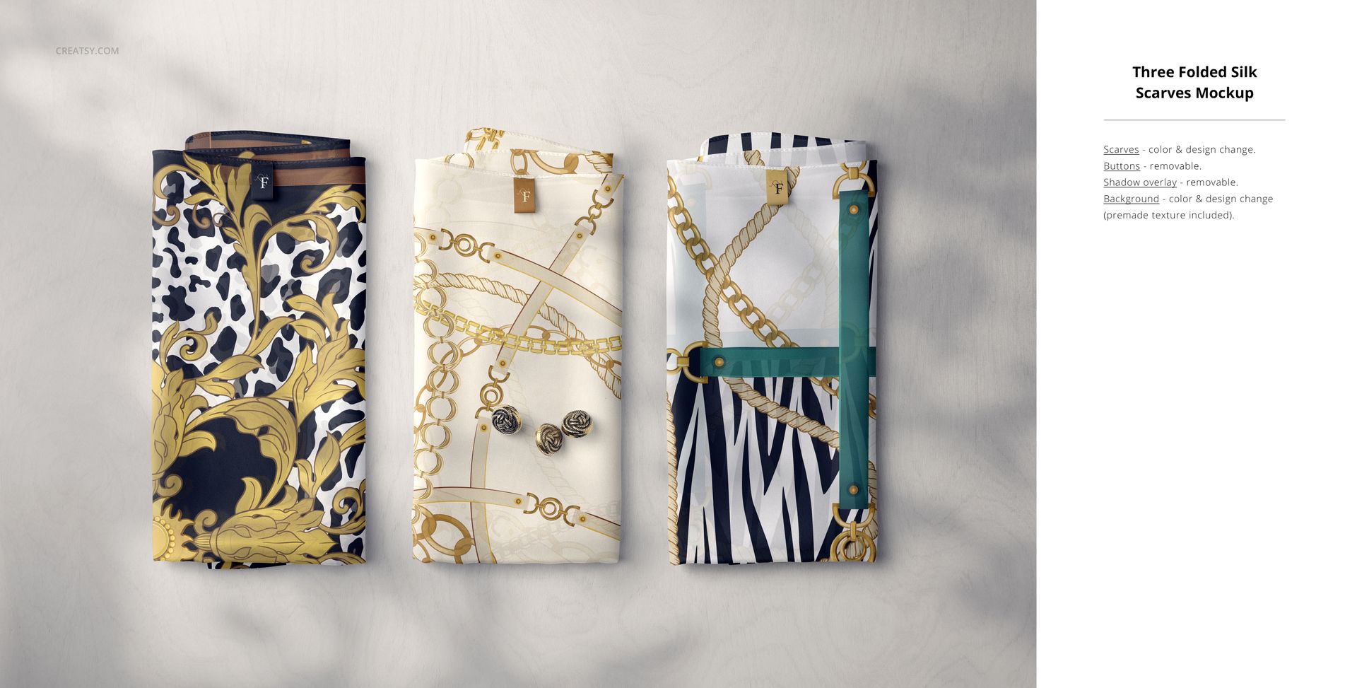 Three folded silk fabric pieces with gold chain and animal print patterns, arranged side by side on a light surface.