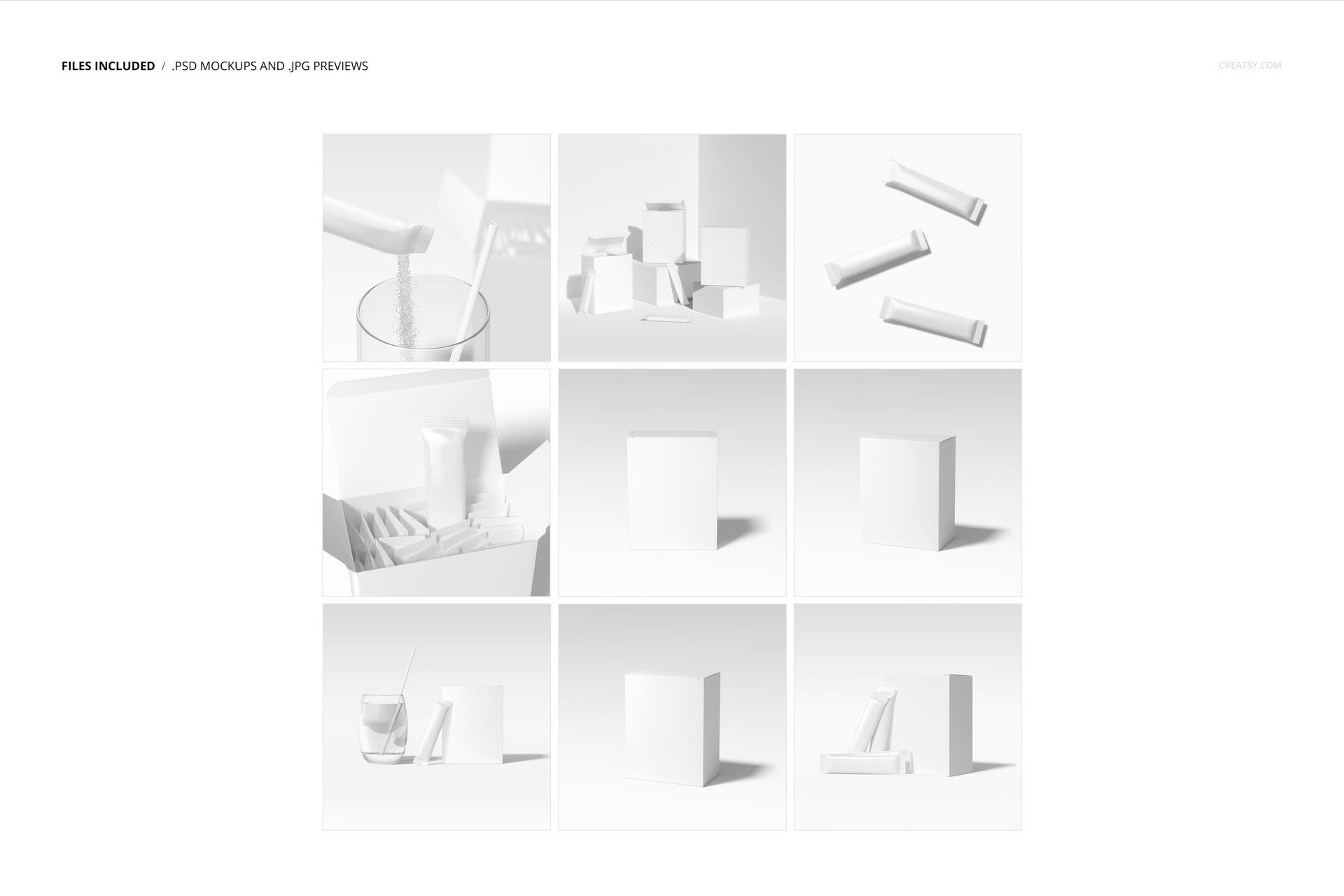 Grid of nine packaging mockups showing white boxes and sachets from various angles, including close-ups and groupings.