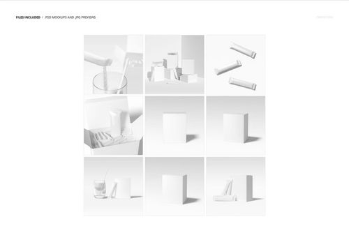 Grid of nine packaging mockups showing white boxes and sachets from various angles, including close-ups and groupings.