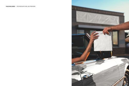 Drive-thru scene with a person handing a plain paper bag to a car window, featuring a fast food packaging mockup.