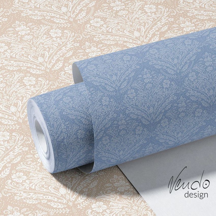 Non-woven vinyl wallpaper mockup featuring a blue damask patterned roll on a beige floral patterned surface.