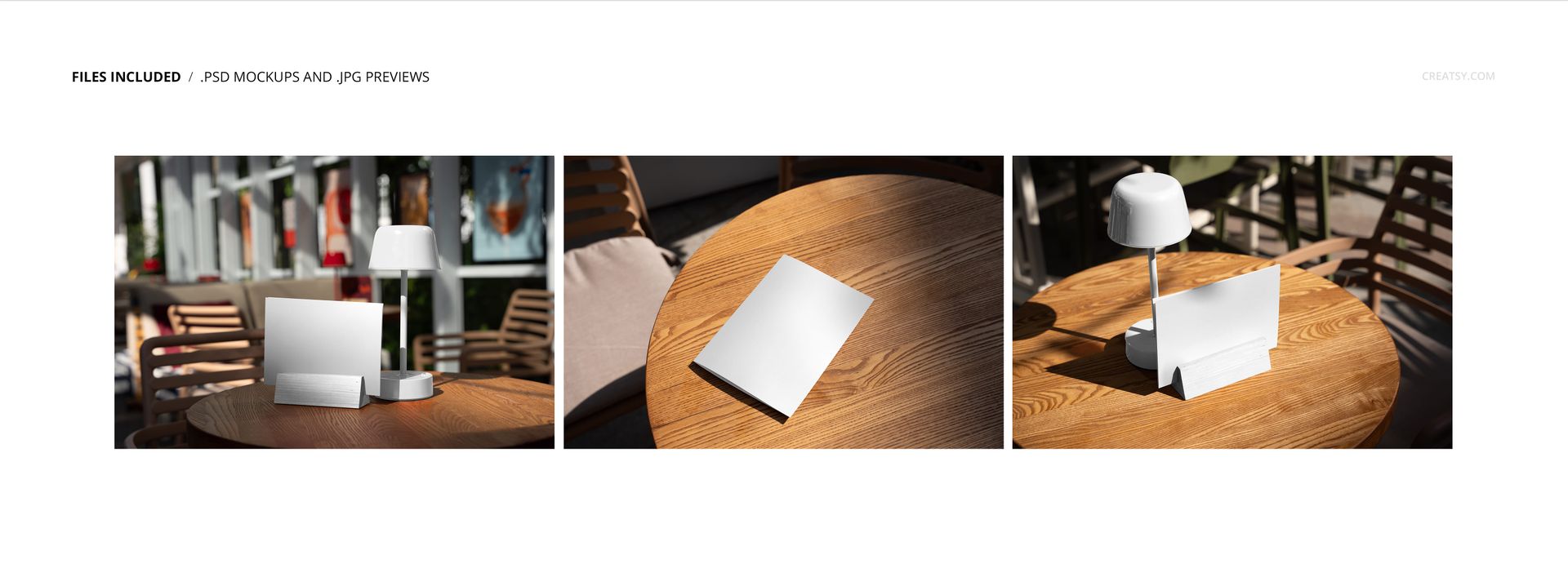Top view of a wooden table at an outdoor restaurant featuring a blank menu mockup and modern lamp.