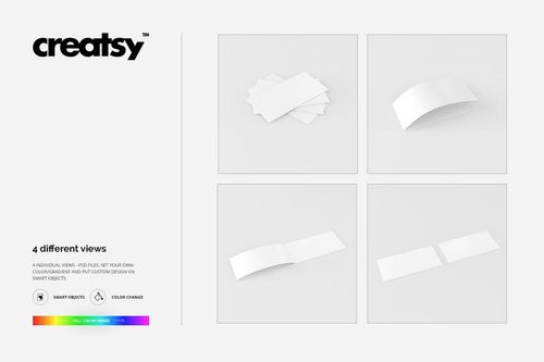 Set of white brochure mockups displayed in four different views on a plain background, showing various folding styles.