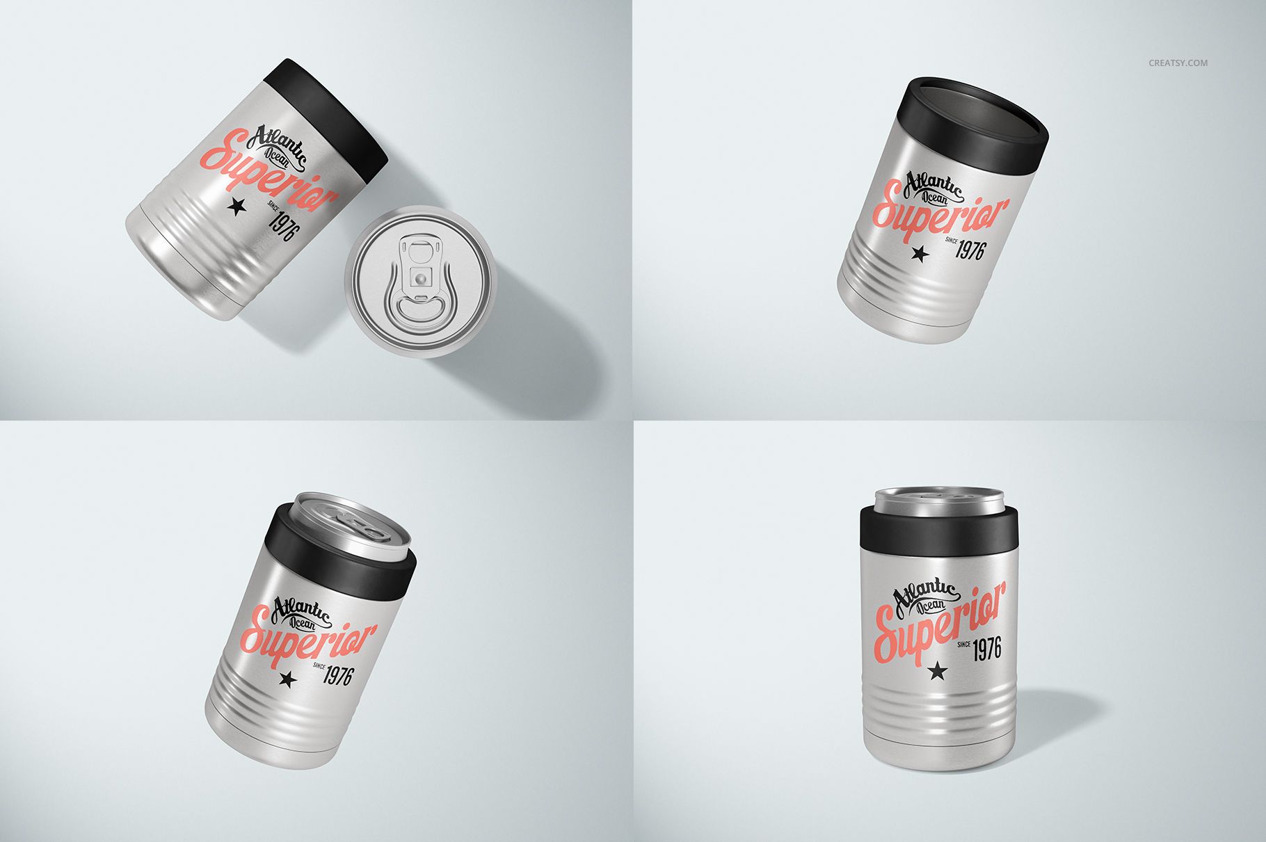 Four beverage can cooler mockups in silver with black tops, featuring different perspectives and subtle shadows.