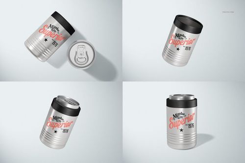 Four beverage can cooler mockups in silver with black tops, featuring different perspectives and subtle shadows.