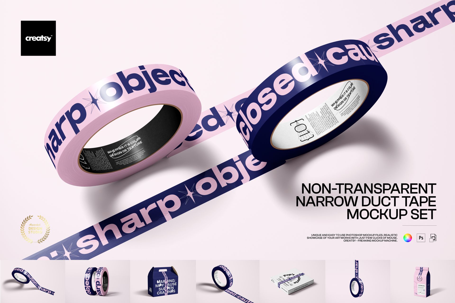 Mockup of narrow duct tape rolls in pink and blue colors with large printed lettering, viewed from an angled perspective.