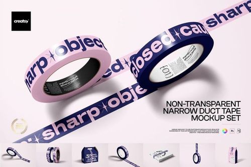 Mockup of narrow duct tape rolls in pink and blue colors with large printed lettering, viewed from an angled perspective.