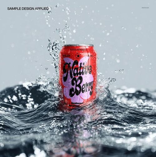 Red standing can with bold berry-themed design splashing in surging water, front view, drinkware mockup scene.