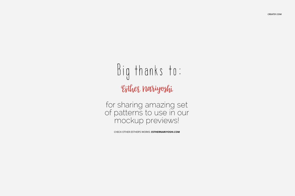 Text on a light gray background thanking Esther Norvashi for providing pattern designs for mockup previews.