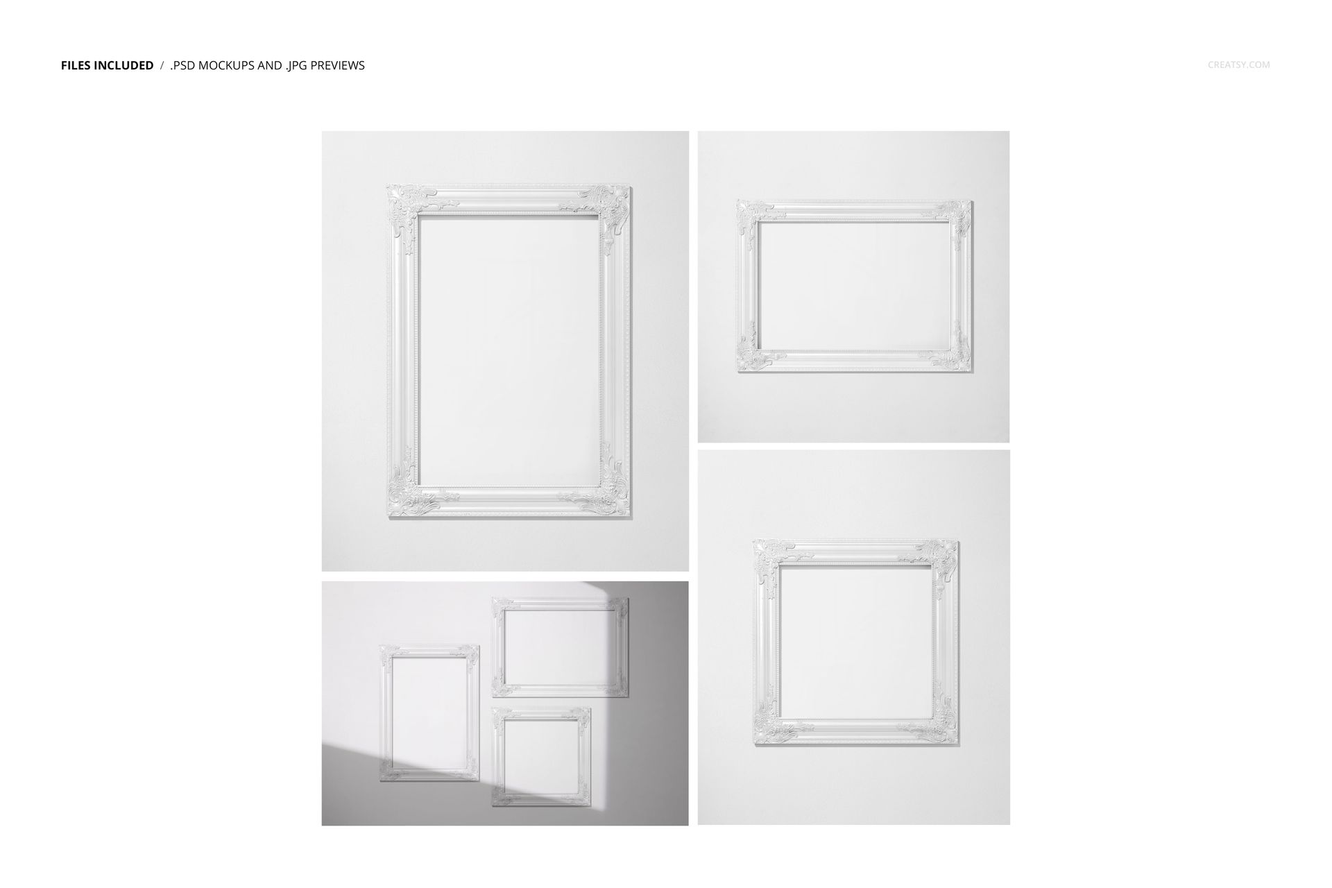 Classic style picture frames mockup with decorative edges, presented in square and rectangular shapes.