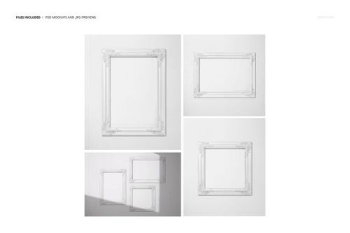 Classic style picture frames mockup with decorative edges, presented in square and rectangular shapes.