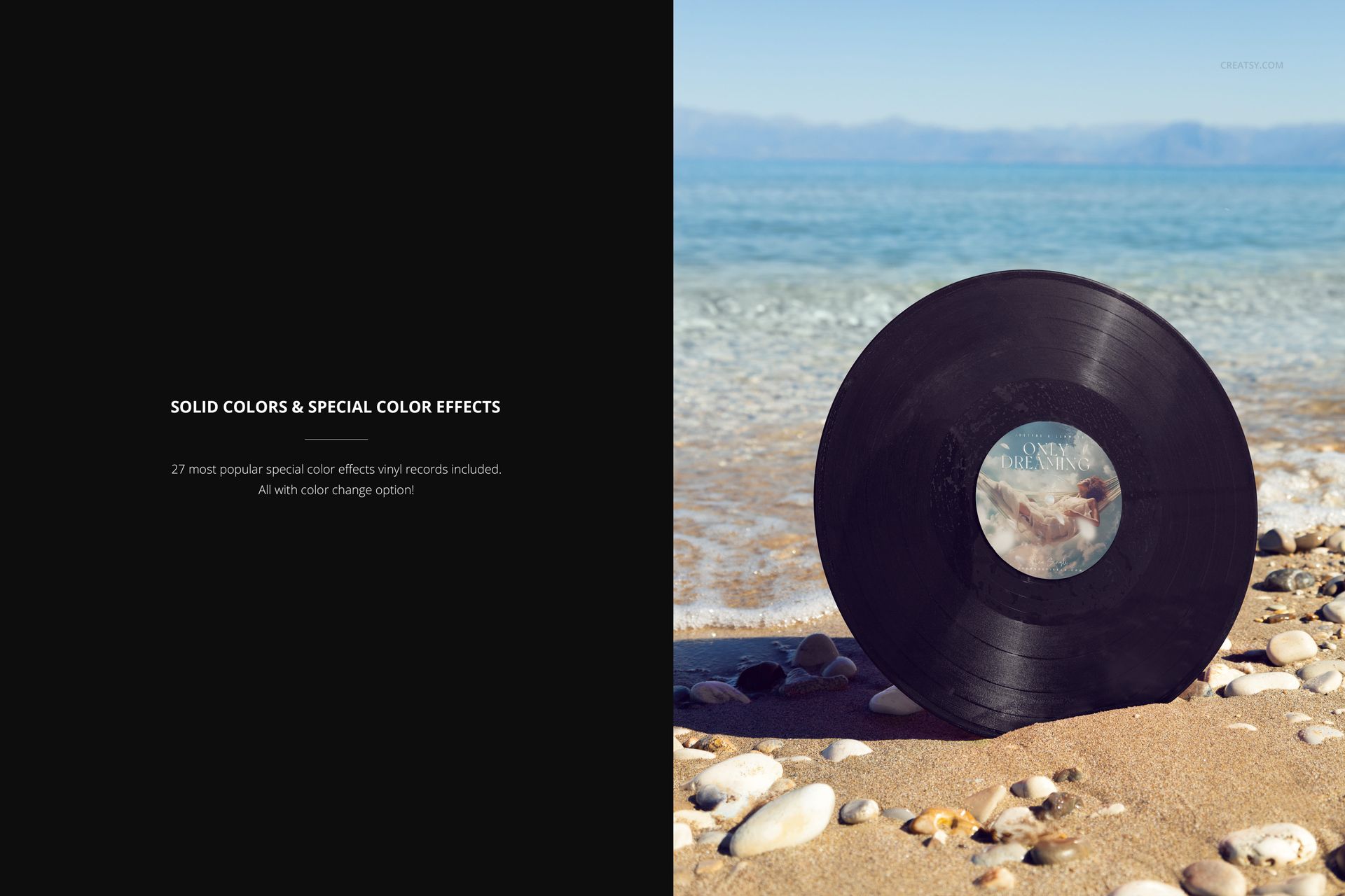 Vinyl record mockup shown at an angle on a rocky beach by the Adriatic Sea with blue water and mountains in the background.