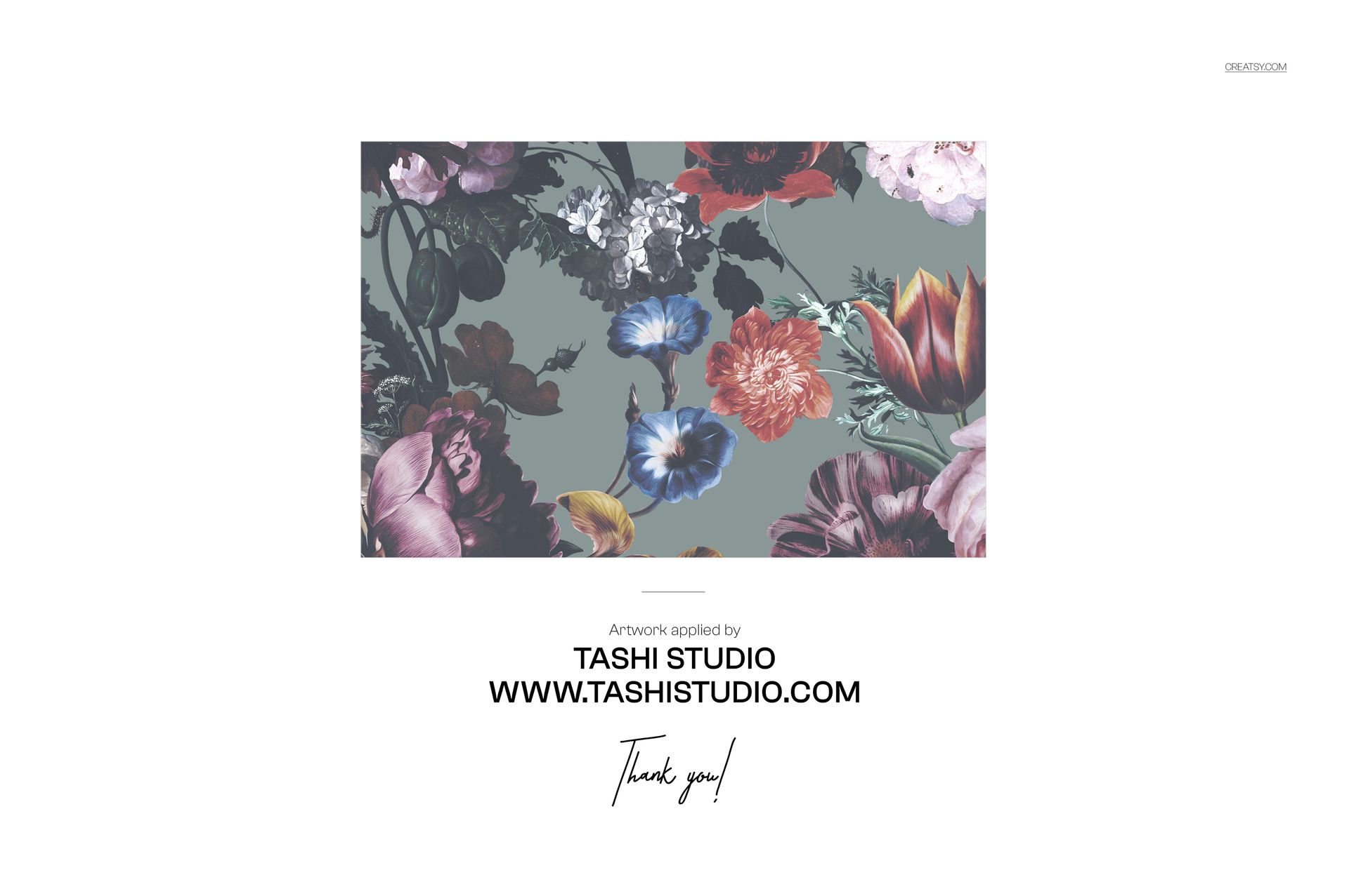 Floral pattern featuring various colorful flowers on a muted green background, shown in a rectangular mockup layout.