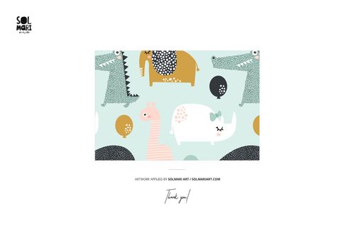 Front view of kids fleece dungarees mockup featuring playful animal illustrations in pastel colors on a light background.