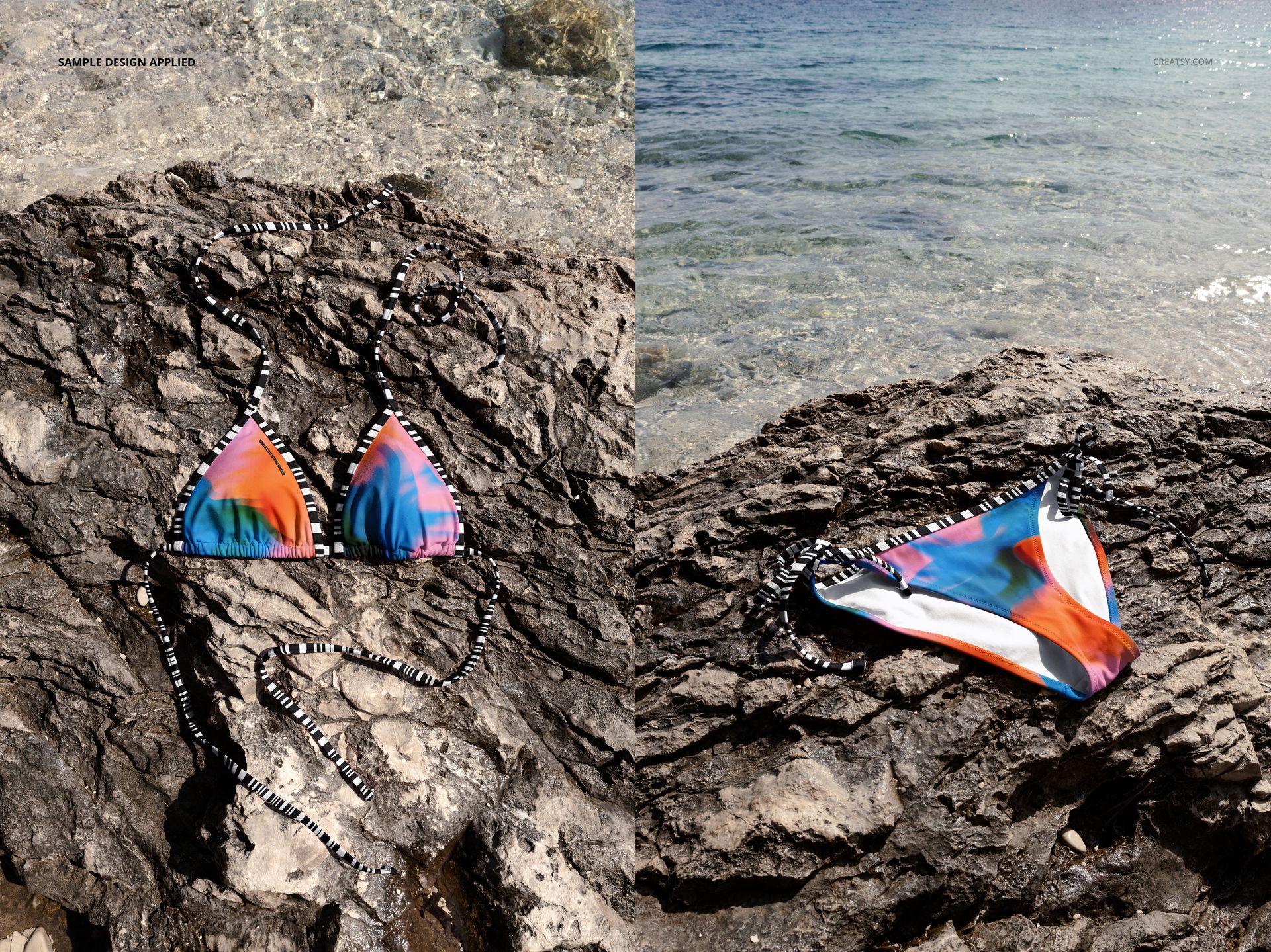 Colorful bikini mockup set displayed on rocky shore with abstract patterns and black-and-white ties, outdoor scene.