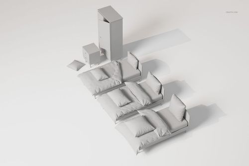 Kids bedroom furniture and bedding set featuring three beds with pillows, a wardrobe, and a nightstand on a white background.