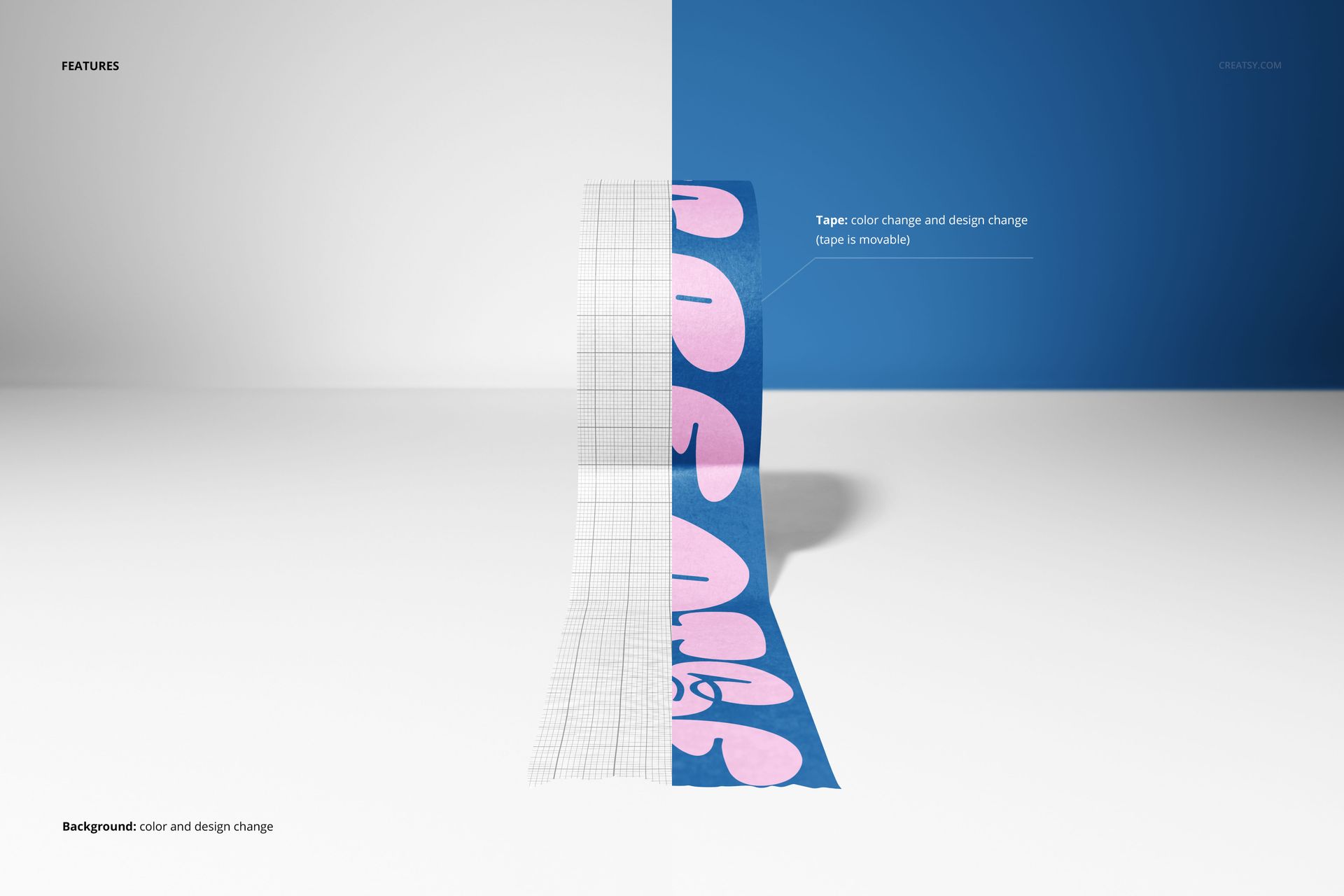 Front view of packaging tape mockup with blue and pink design, shown on a split white and blue background.
