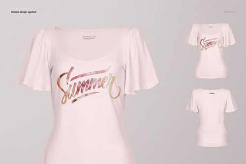 PSD mockup set showing a women's blouse with wavy sleeves, light pastel color, and summer-themed graphic on the front.