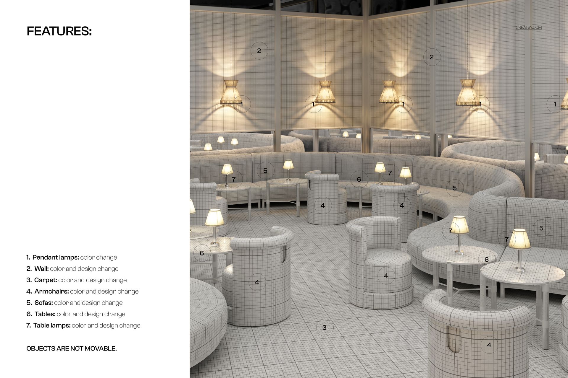 Front view of a club lounge interior mockup with curved sofas, round tables, armchairs, and multiple lamps.
