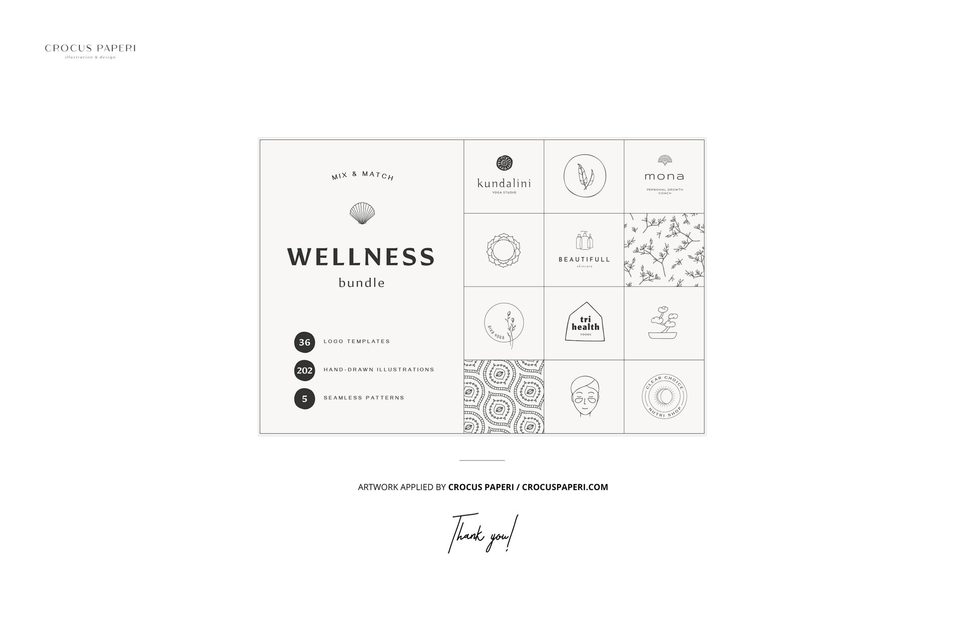 Front view of a rectangular gift card holder mockup featuring minimalist black and white wellness-themed designs and icons.
