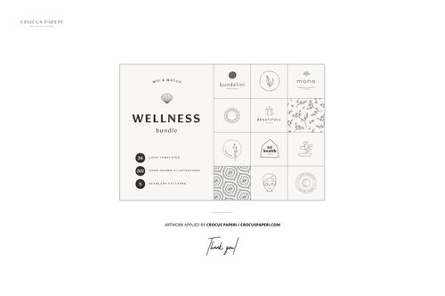 Front view of a rectangular gift card holder mockup featuring minimalist black and white wellness-themed designs and icons.